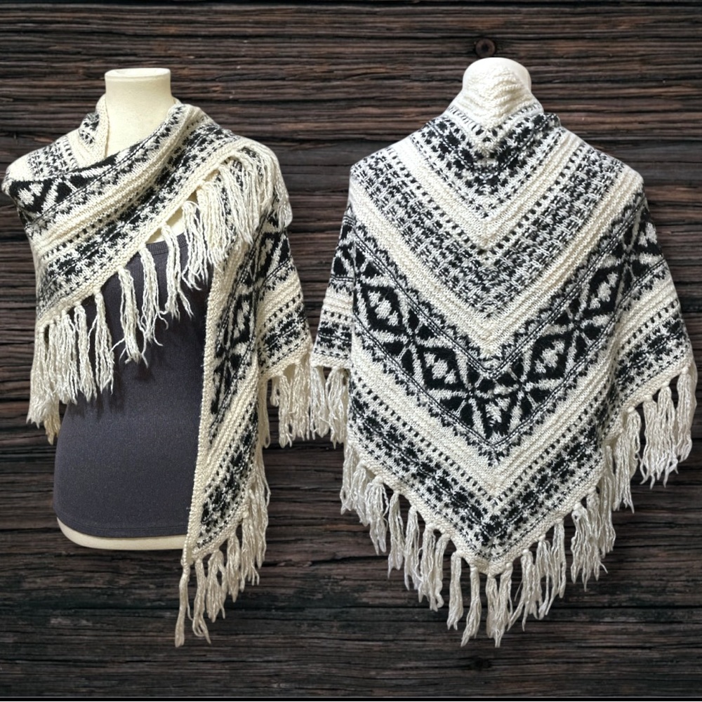 VTG Polo Ralph Lauren Southwest Knit Triangle Wrap Shawl Scarf cream black GUC
